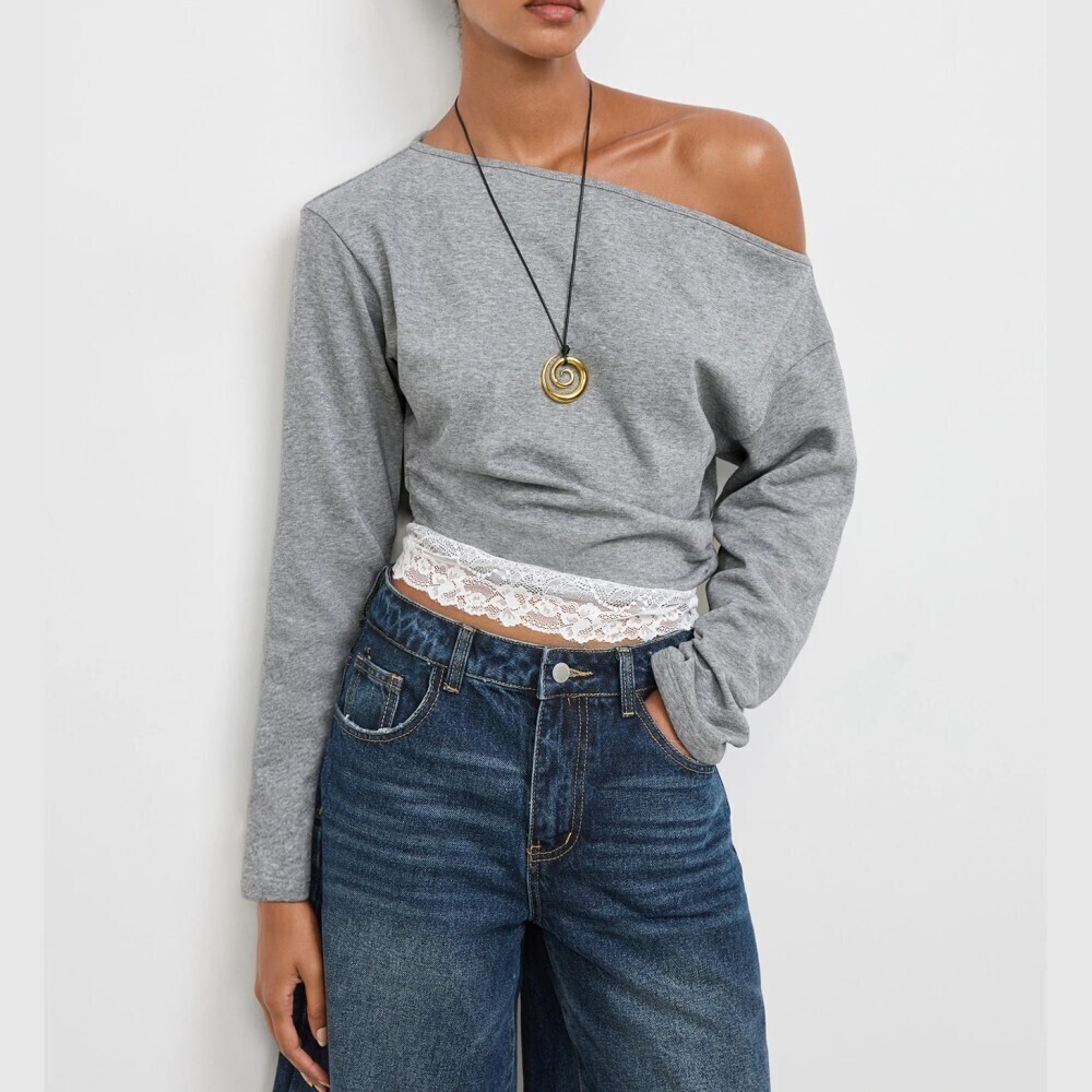 Heather Gray Asymmetrical Neck Lace Trim Cropped Sweatshirt